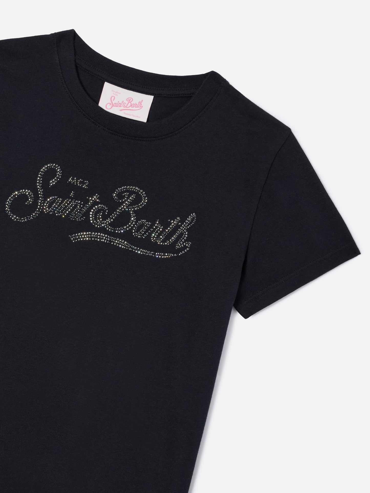 Elly t-shirt in black cotton with Saint Barth rhinestones embellishment