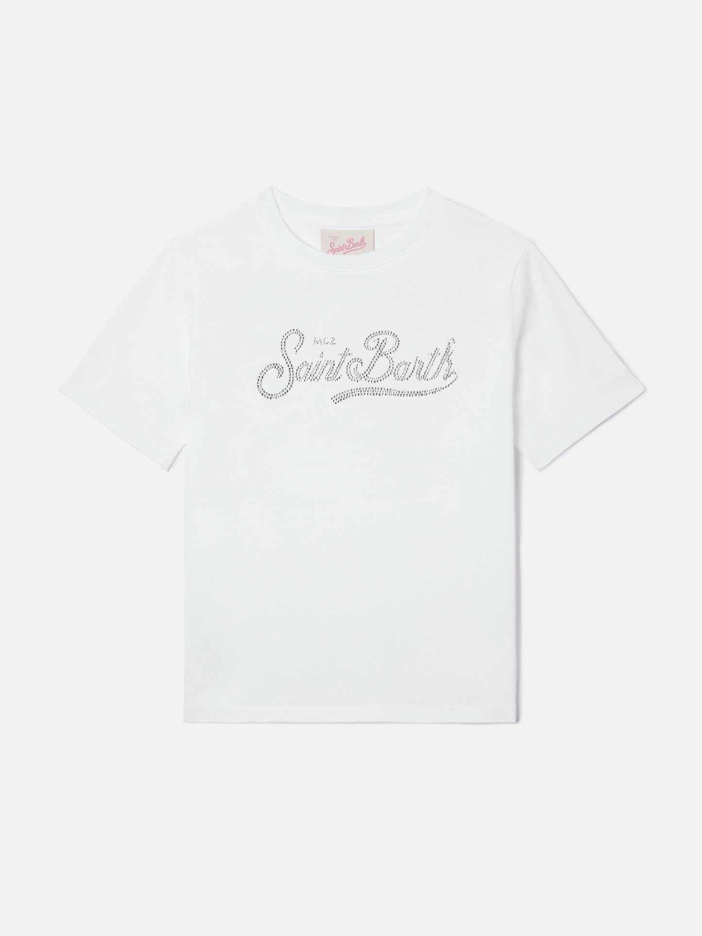 Elly T-shirt in white cotton with Saint Barth rhinestones embellishment
