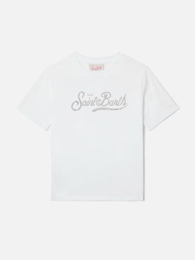 Elly T-shirt in white cotton with Saint Barth rhinestones embellishment