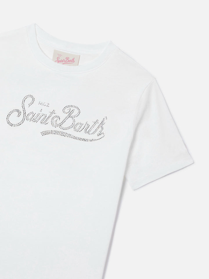 T-shirt Elly in cotone bianca con applicazione Saint Barth in strass