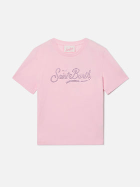 Elly T-shirt in pink cotton with Saint Barth logo rhinestones embellishment