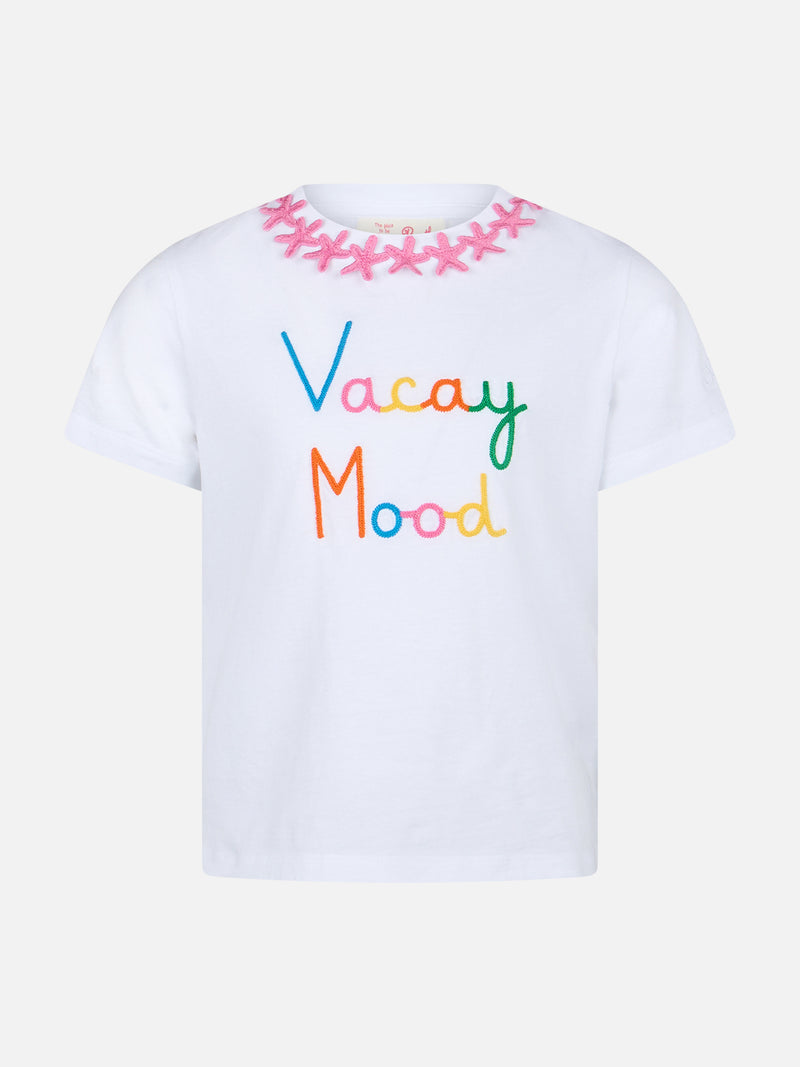 Girl cotton jersey crewneck t-shirt Elly with Vacay mood embroidery