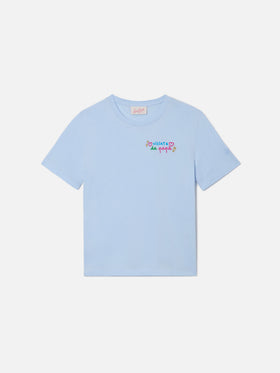 Elly T-shirt in light blue cotton with Viziata da papà embroidery