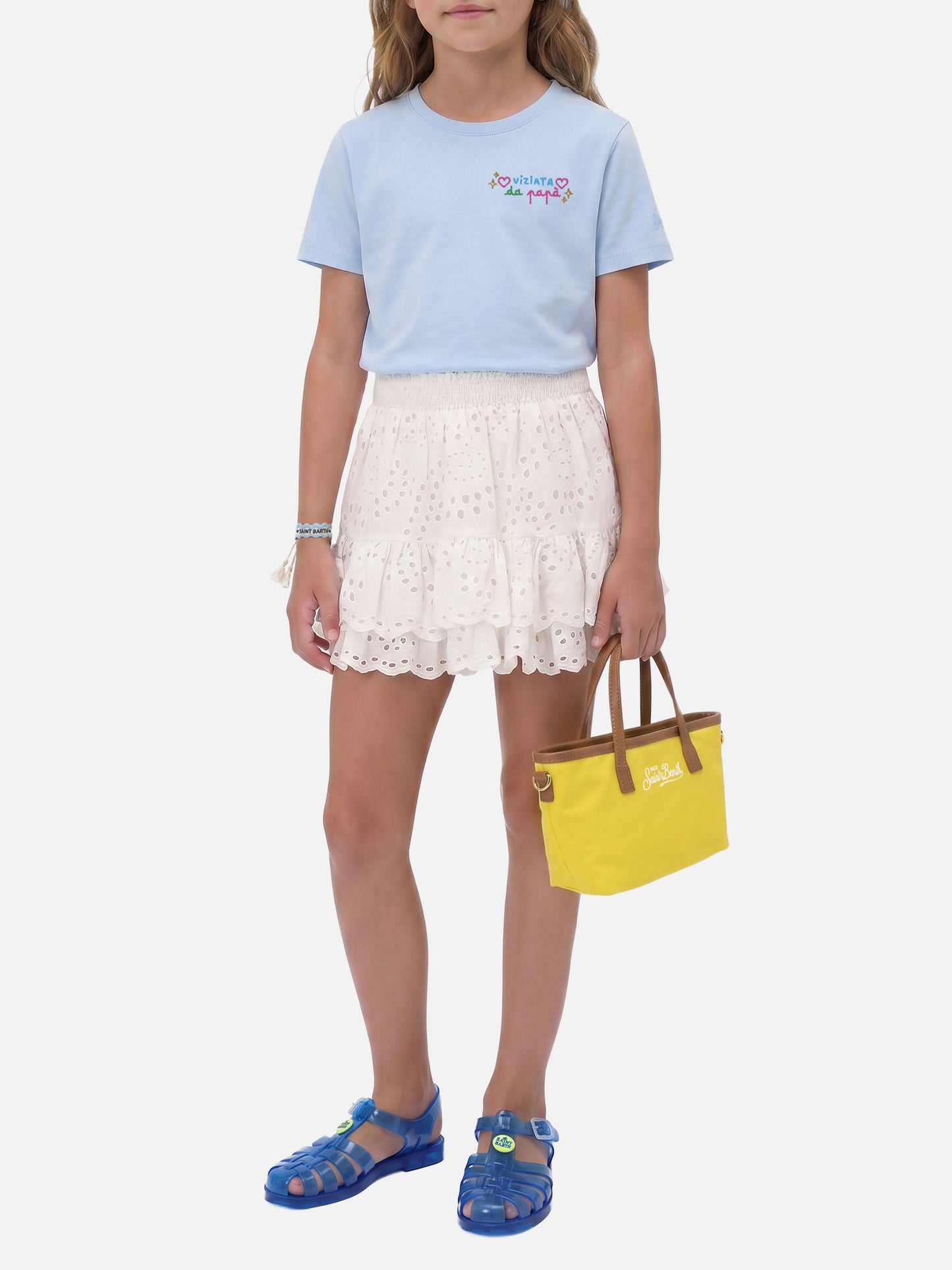 Elly T-Shirt aus hellblauer Baumwolle mit Stickerei „Viziata da papà“ 