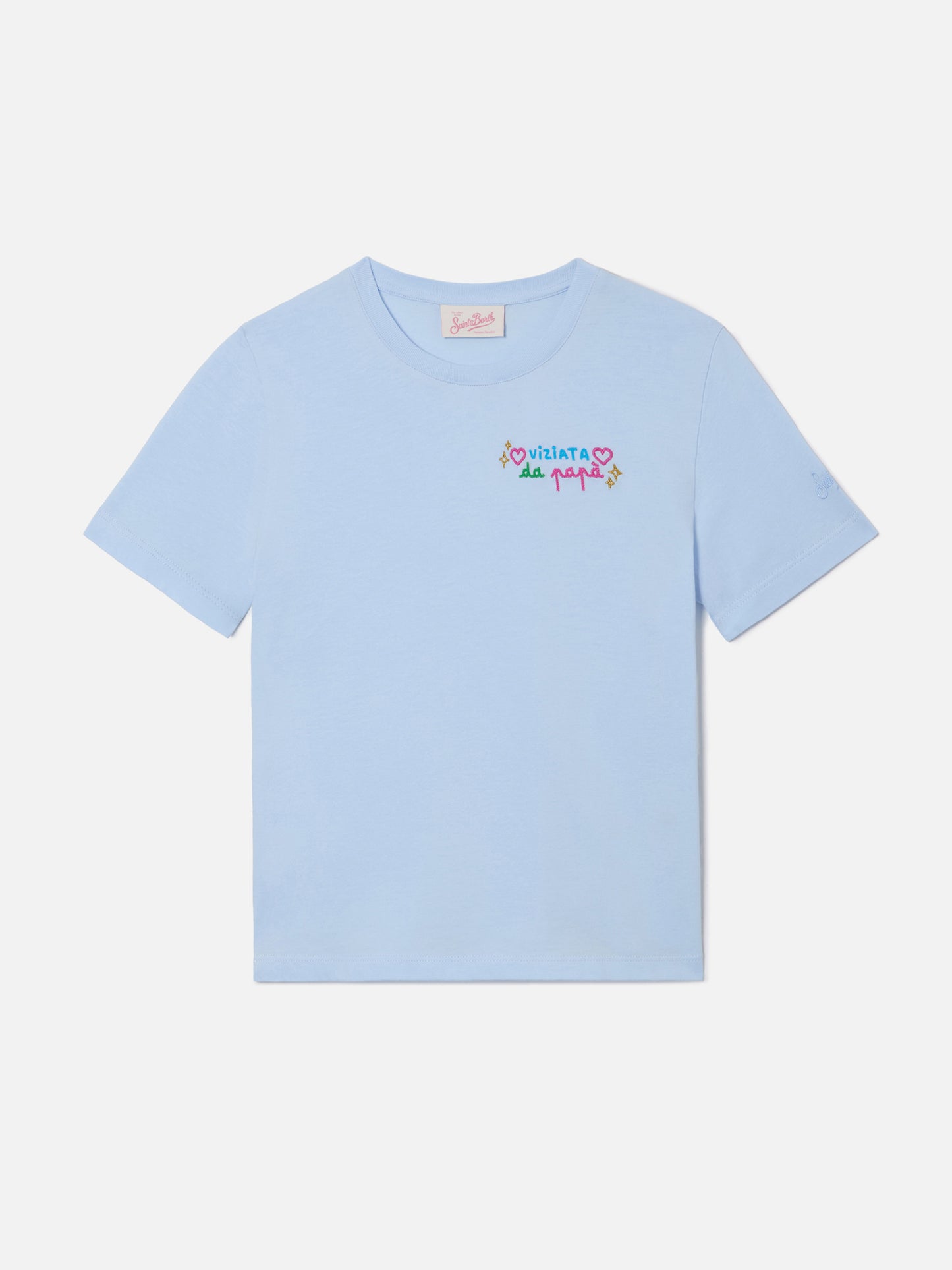 Elly T-shirt in light blue cotton with Viziata da papà embroidery