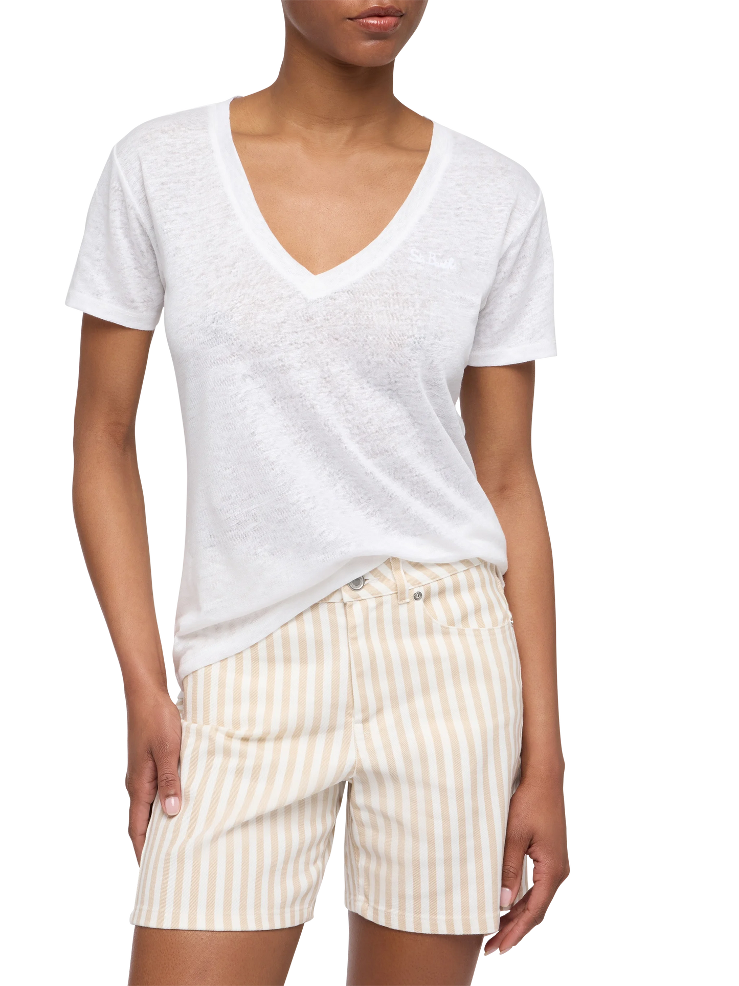 Eloise t-shirt scollo a V in jersey di lino bianca