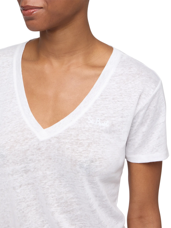 Weißes T-Shirt mit V-Ausschnitt aus Leinenjersey Eloise
