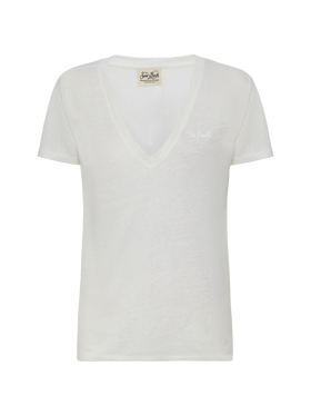 Eloise t-shirt scollo a V in jersey di lino bianca