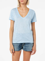 T-shirt scollo a V azzurro Eloise in jersey di lino