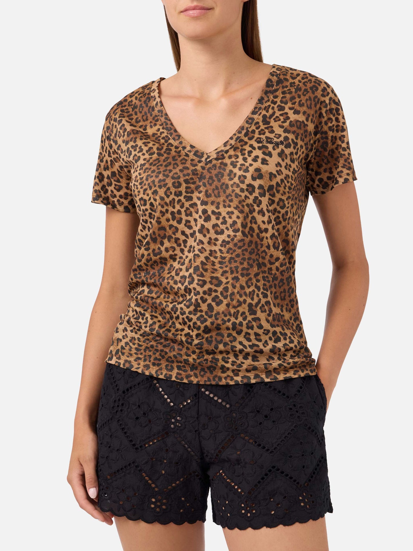 Camiseta de lino con estampado de leopardo Eloise y bordado con logo 