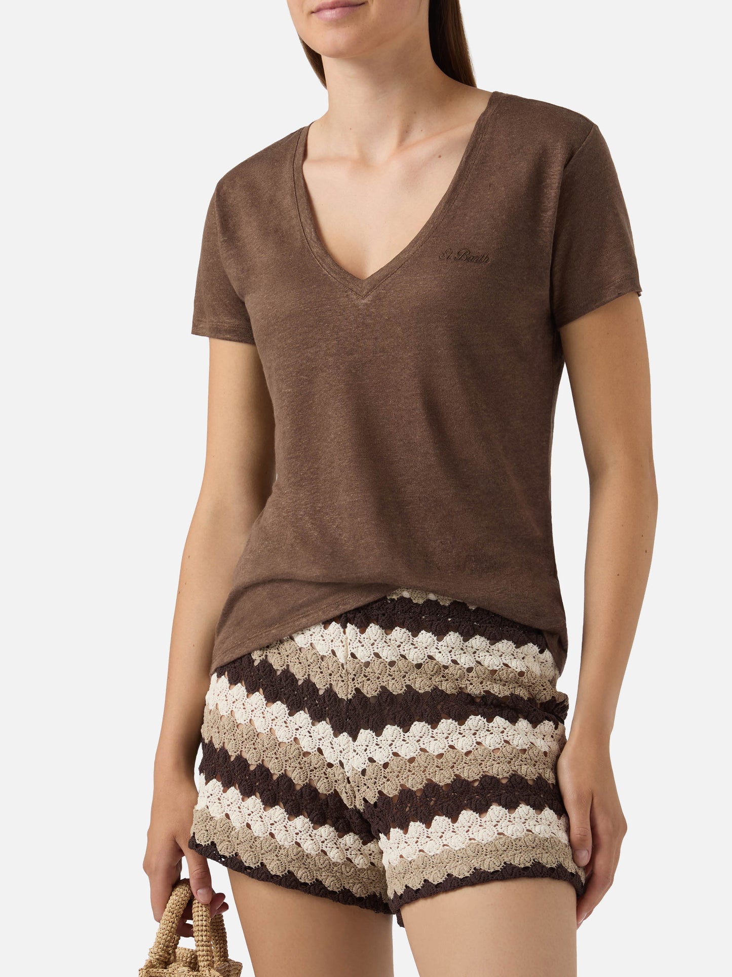 T-shirt Eloise in lino marrone con logo ricamato