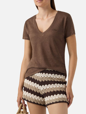 T-shirt Eloise in lino marrone con logo ricamato
