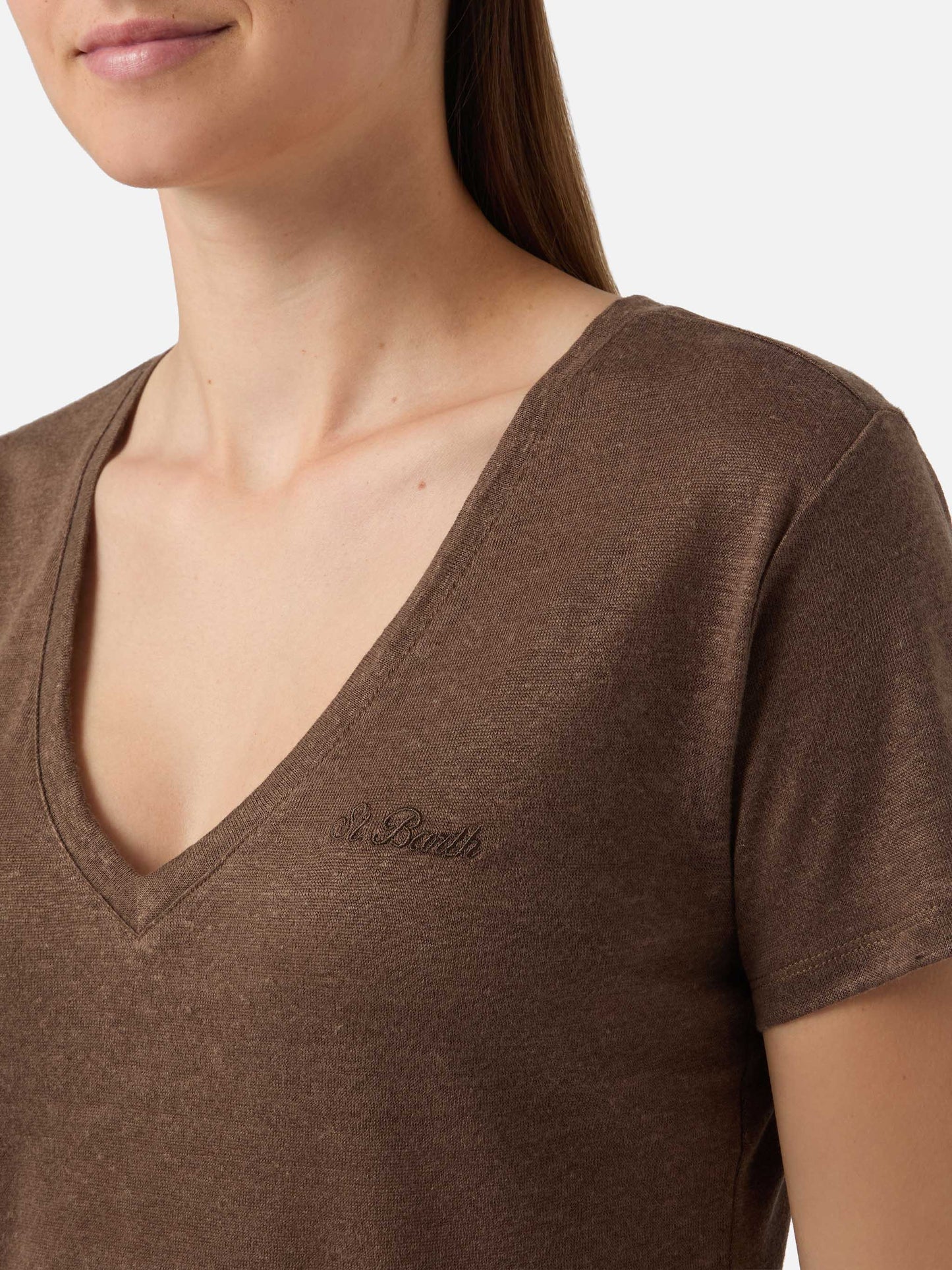 T-shirt Eloise in lino marrone con logo ricamato