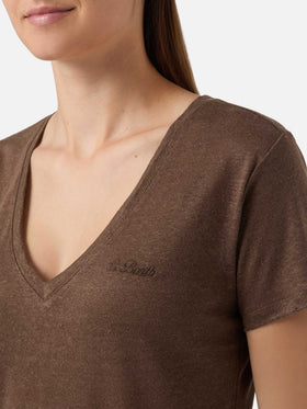 T-shirt Eloise in lino marrone con logo ricamato