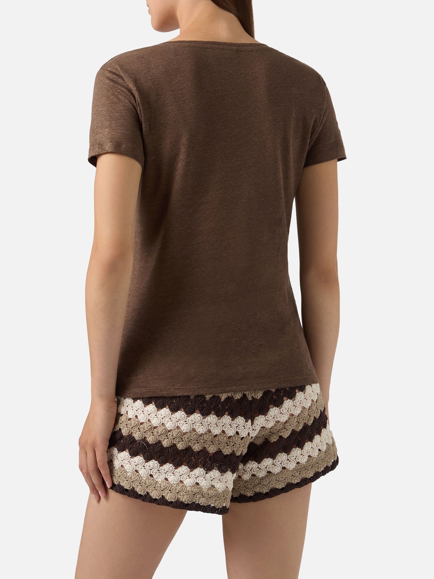 T-shirt Eloise in lino marrone con logo ricamato