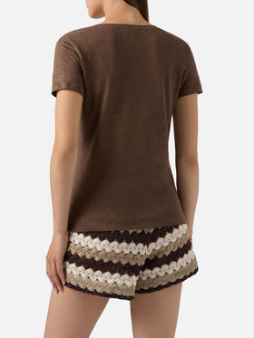 T-shirt Eloise in lino marrone con logo ricamato