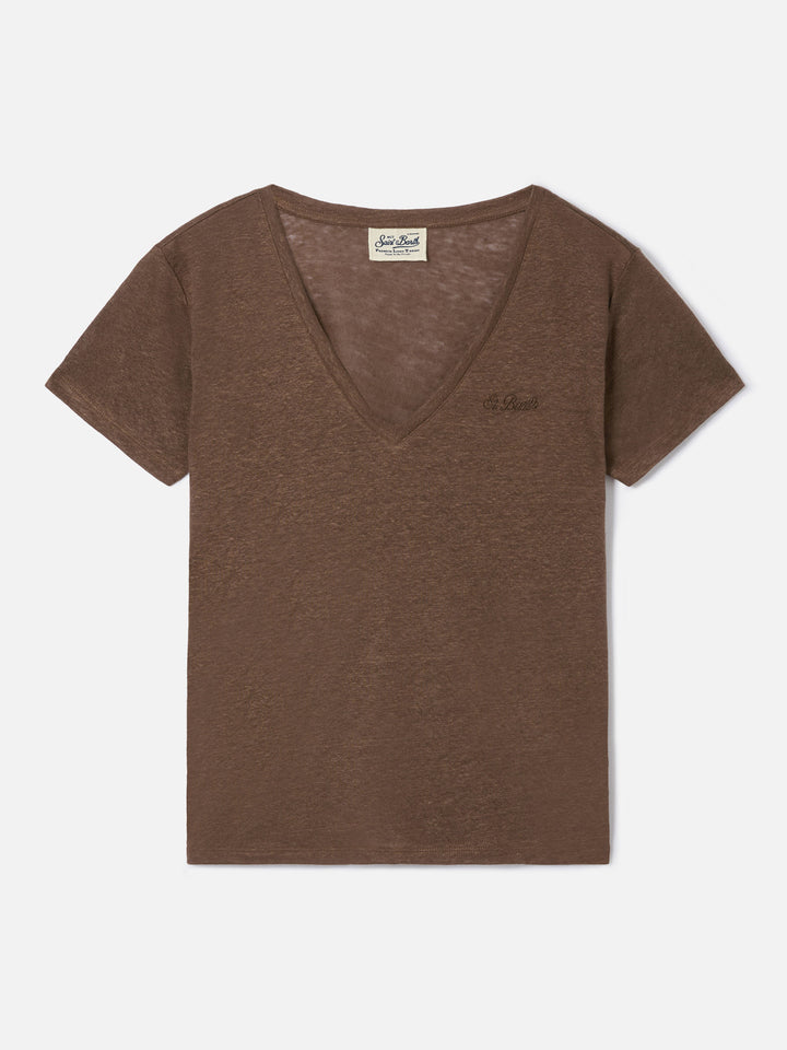T-shirt Eloise in lino marrone con logo ricamato