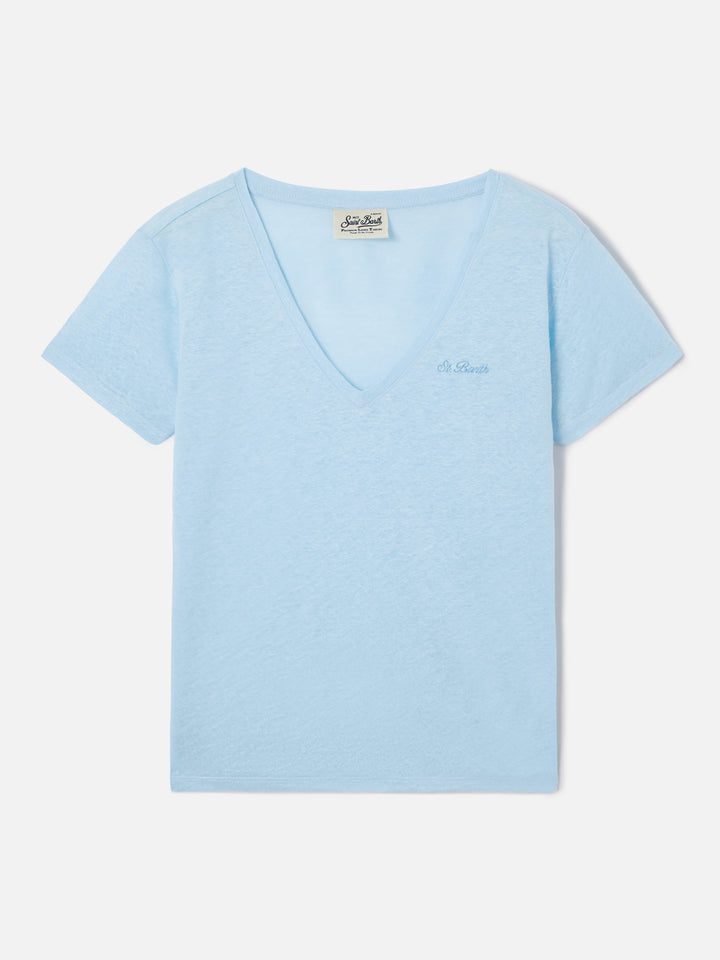 T-shirt Eloise in lino azzurro con logo ricamato