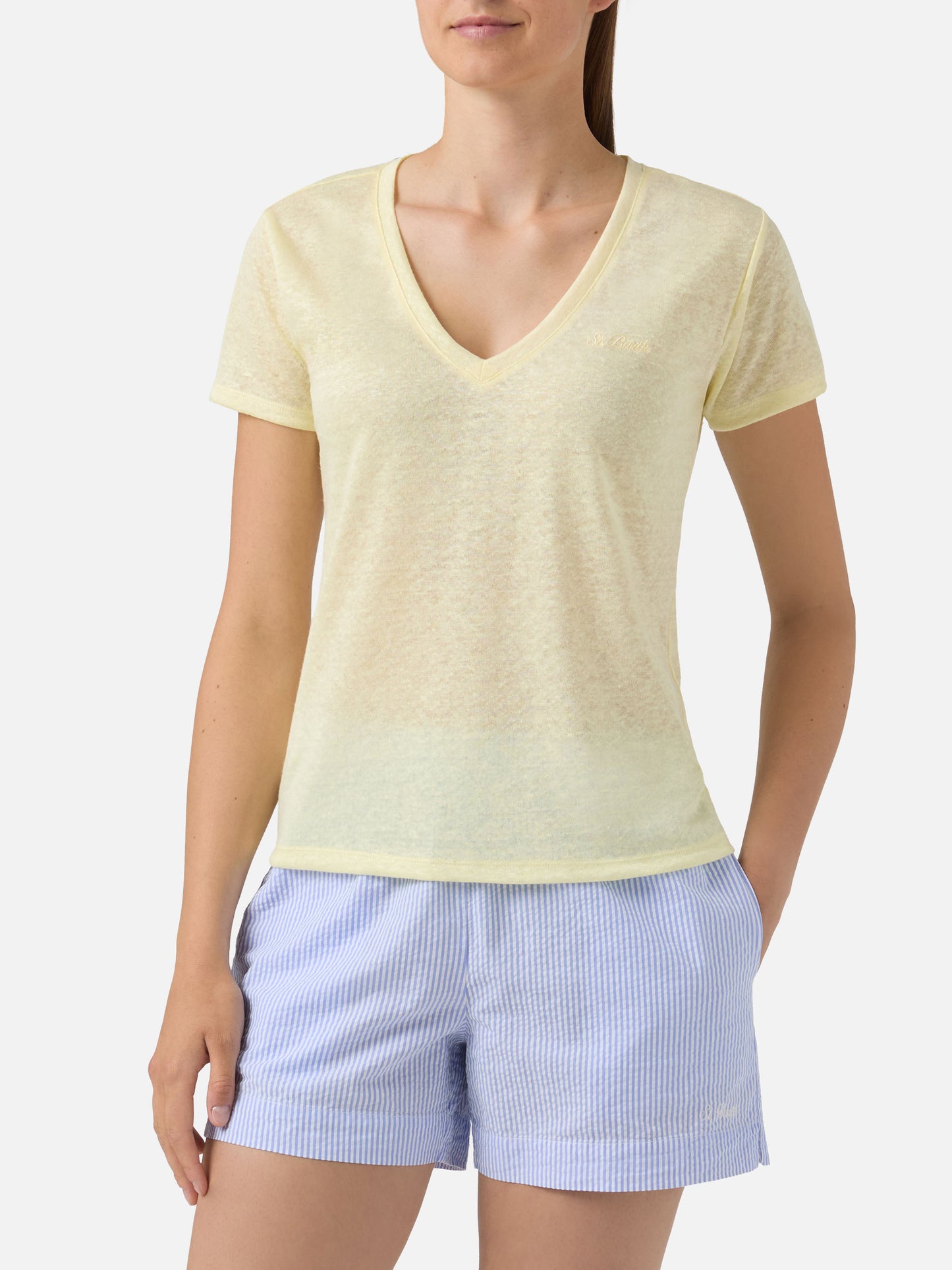 Yellow linen Eloise T-shirt with embroidered logo