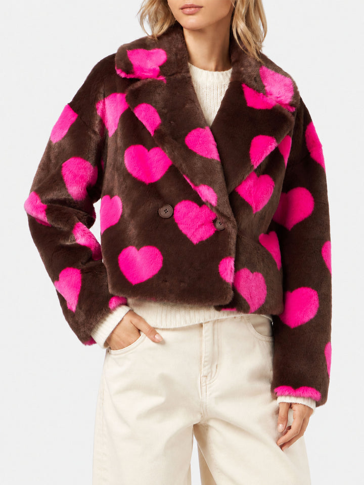 Emelyn short faux fur jacket with heart print