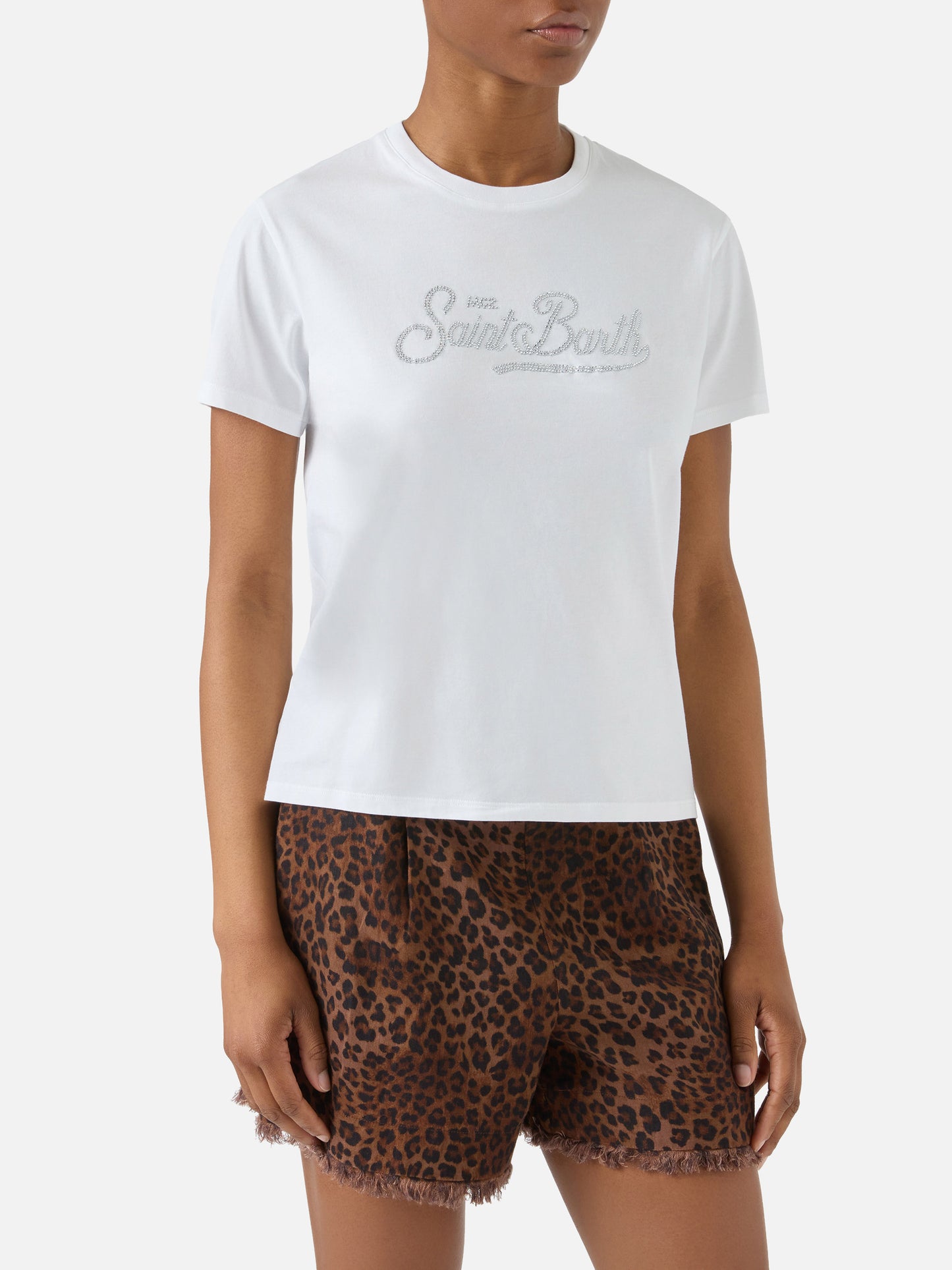White Emilie T-shirt with rhinestone logo