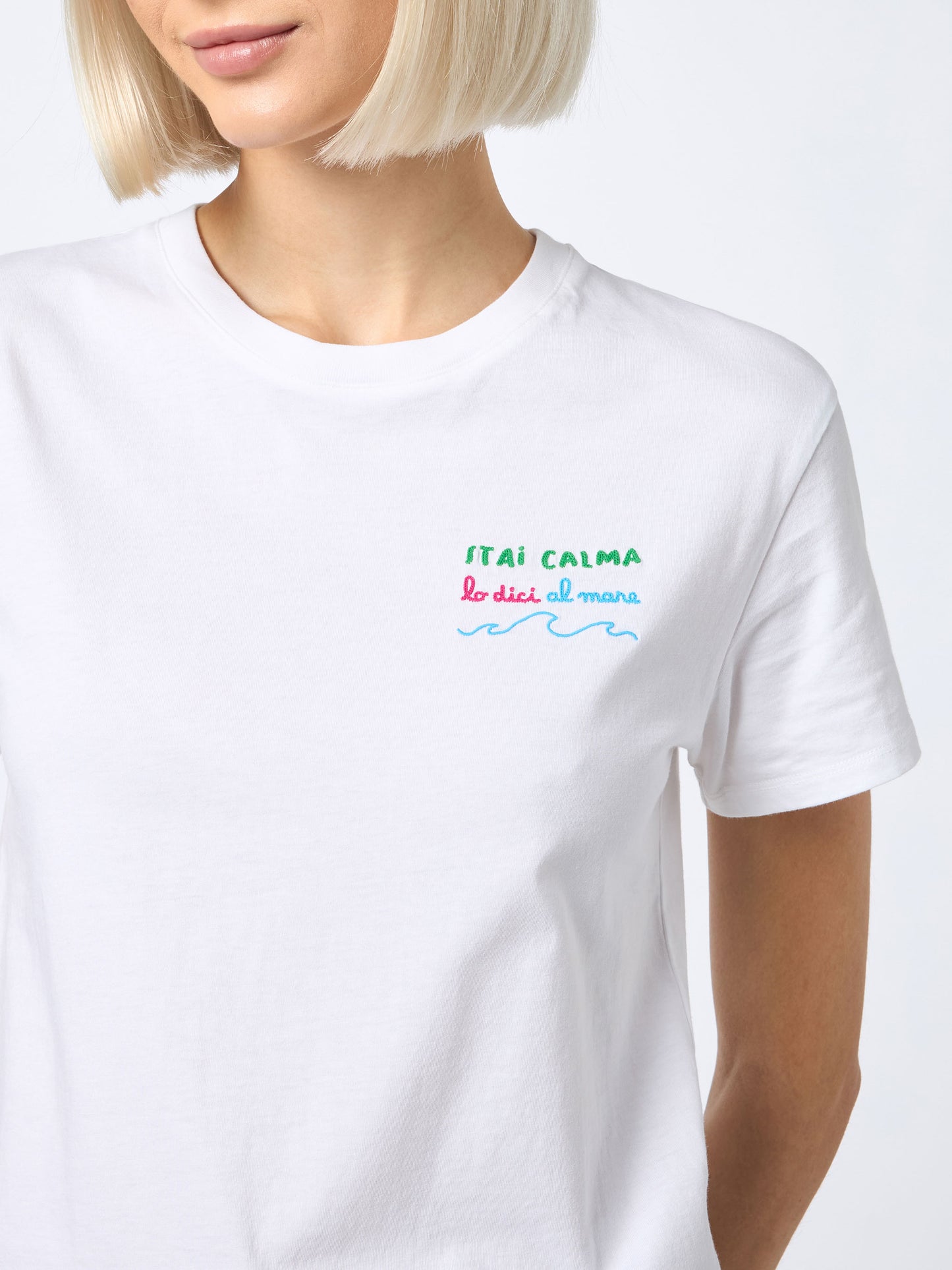 Woman cotton jersey crewneck t-shirt Emilie with Stai calma lo dici al mare embroidery - MC2 Saint Barth
