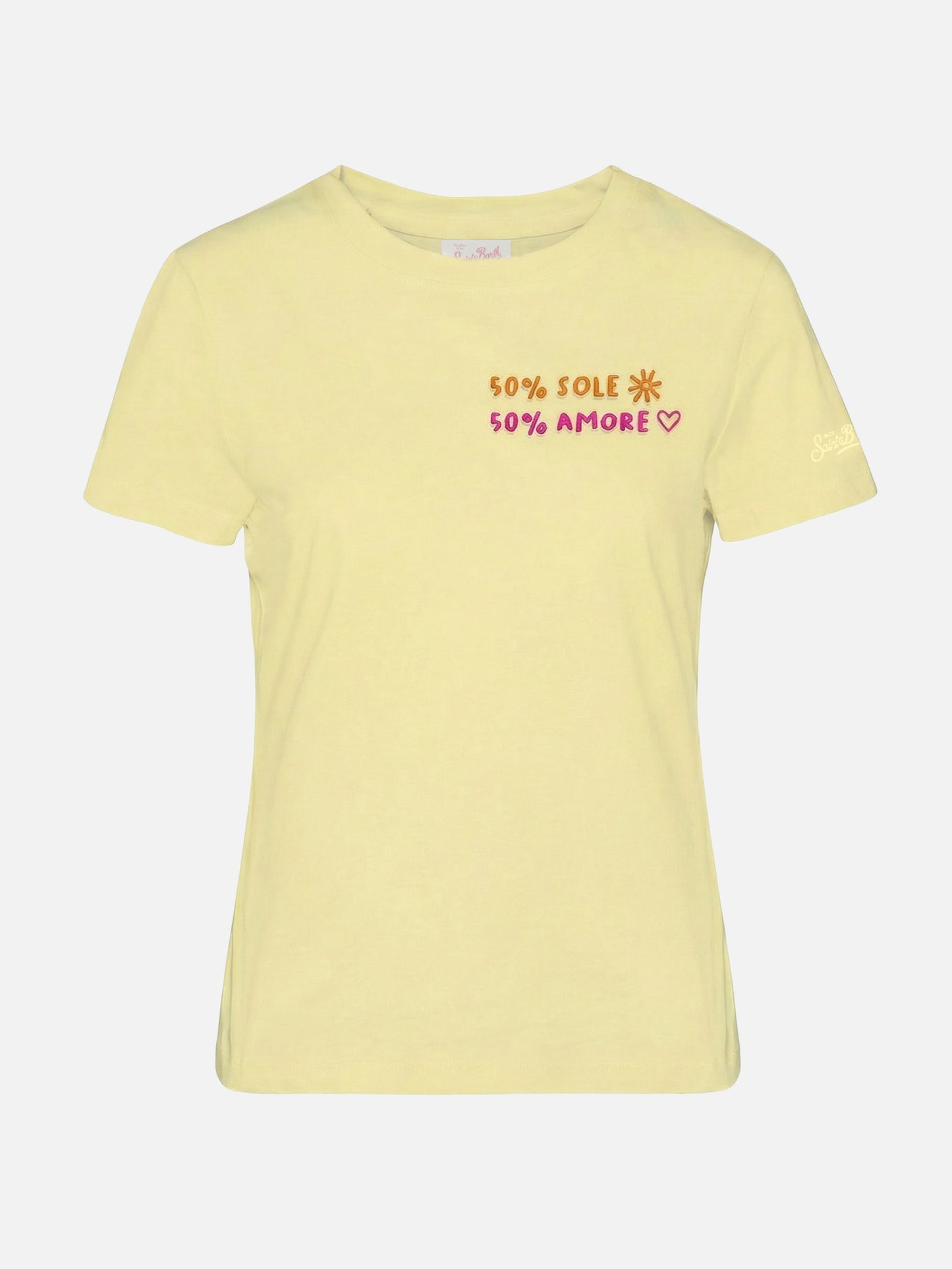 T-shirt Emilie in cotone giallo con ricamo 50% Sole 50% Amore