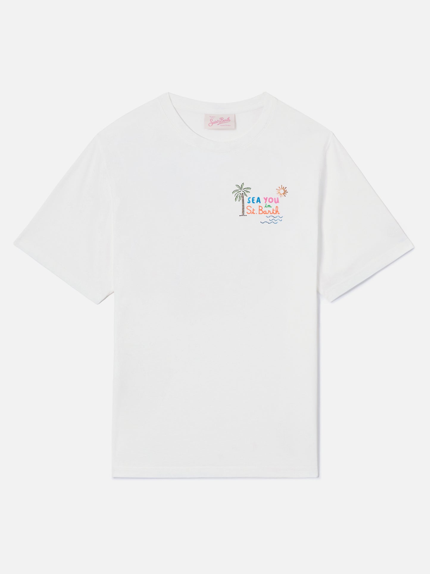 T-shirt Emilie bianca con ricamo Sea You in St. Barth e strass