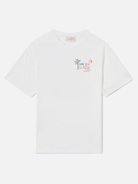 T-shirt Emilie bianca con ricamo Sea You in St. Barth e strass