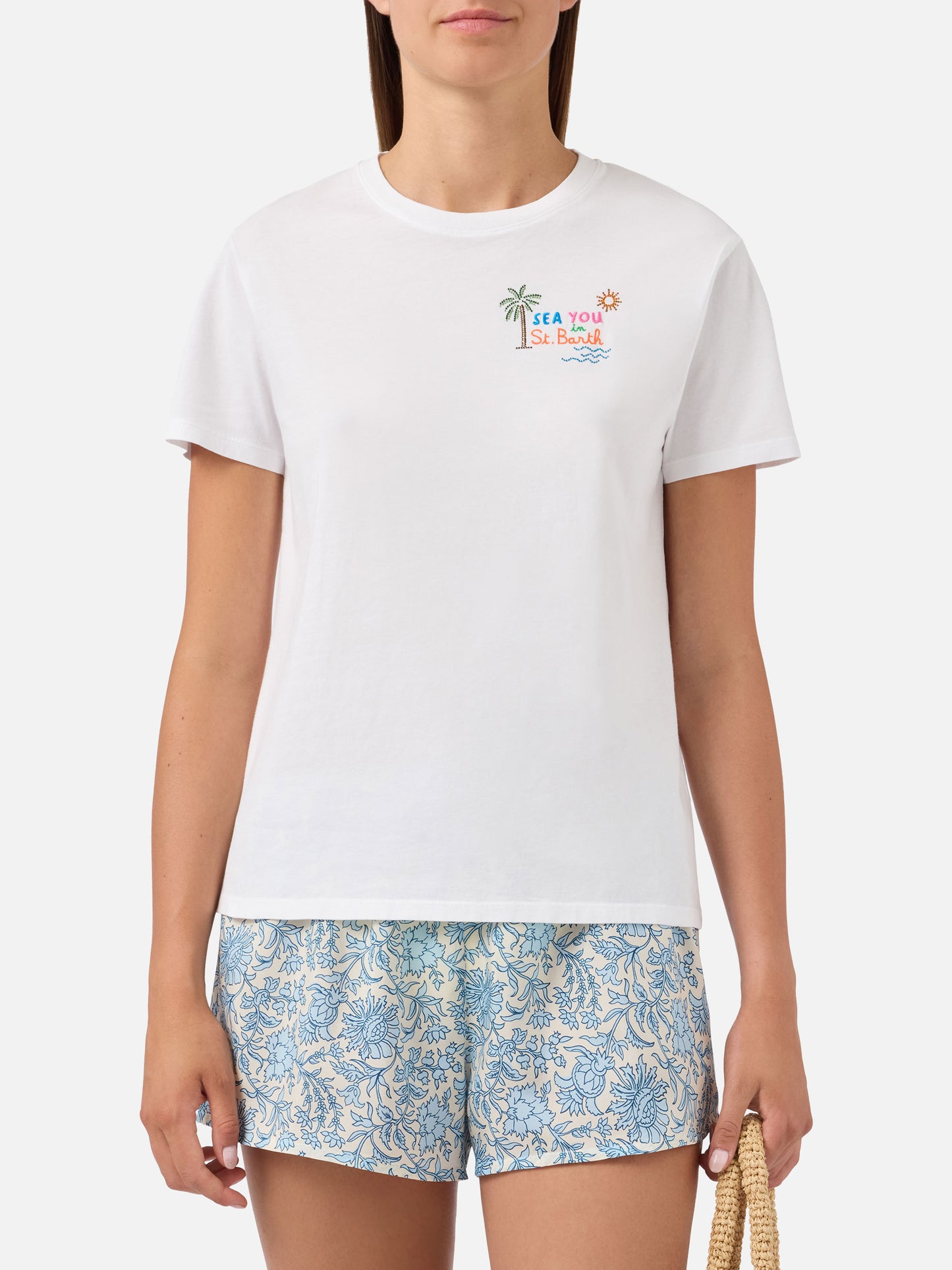 T-shirt Emilie blanc avec broderie Sea You in St. Barth et strass 