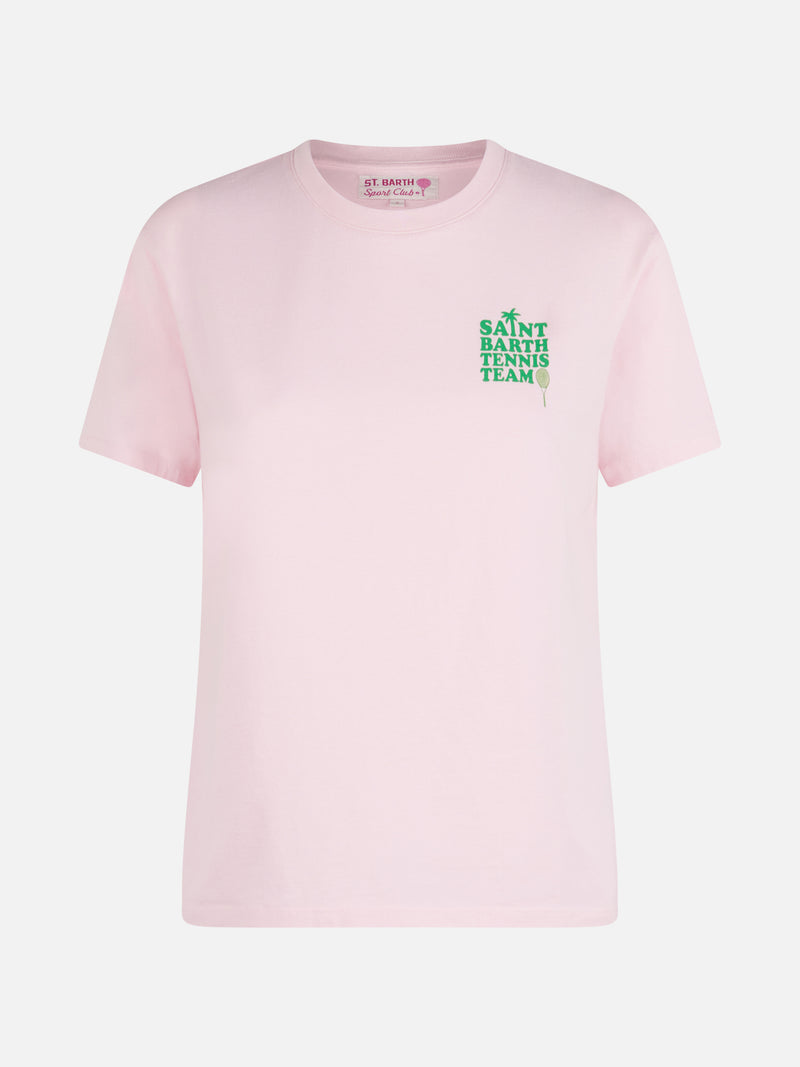 T-shirt rosa in cotone con stampa "St Barth tennis team"