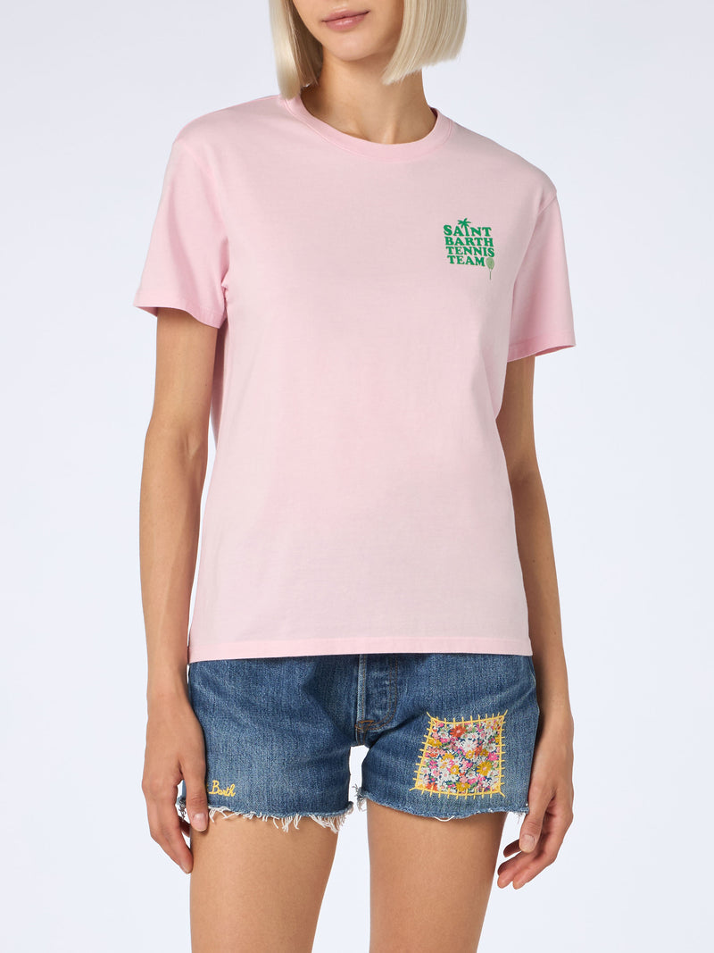 T-shirt rosa in cotone con stampa "St Barth tennis team"