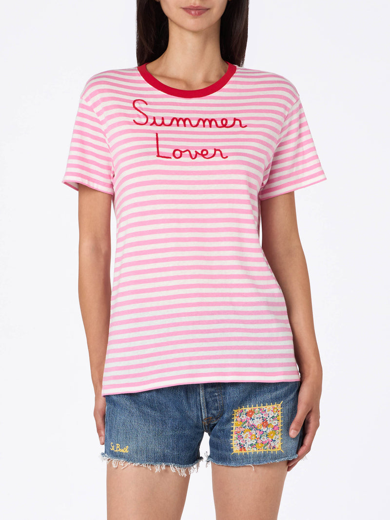 T-shirt girocollo in jersey di cotone a righe da donna Emiilie con ricamo Summer Lover