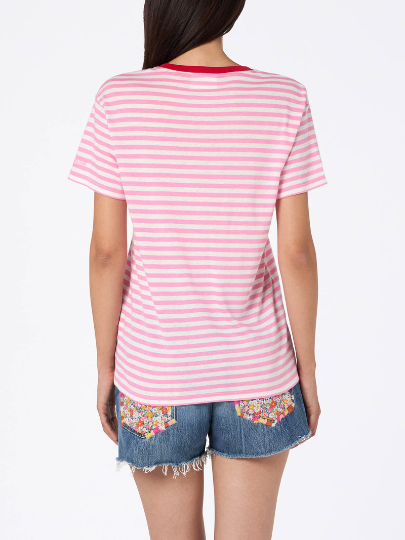 T-shirt girocollo in jersey di cotone a righe da donna Emiilie con ricamo Summer Lover