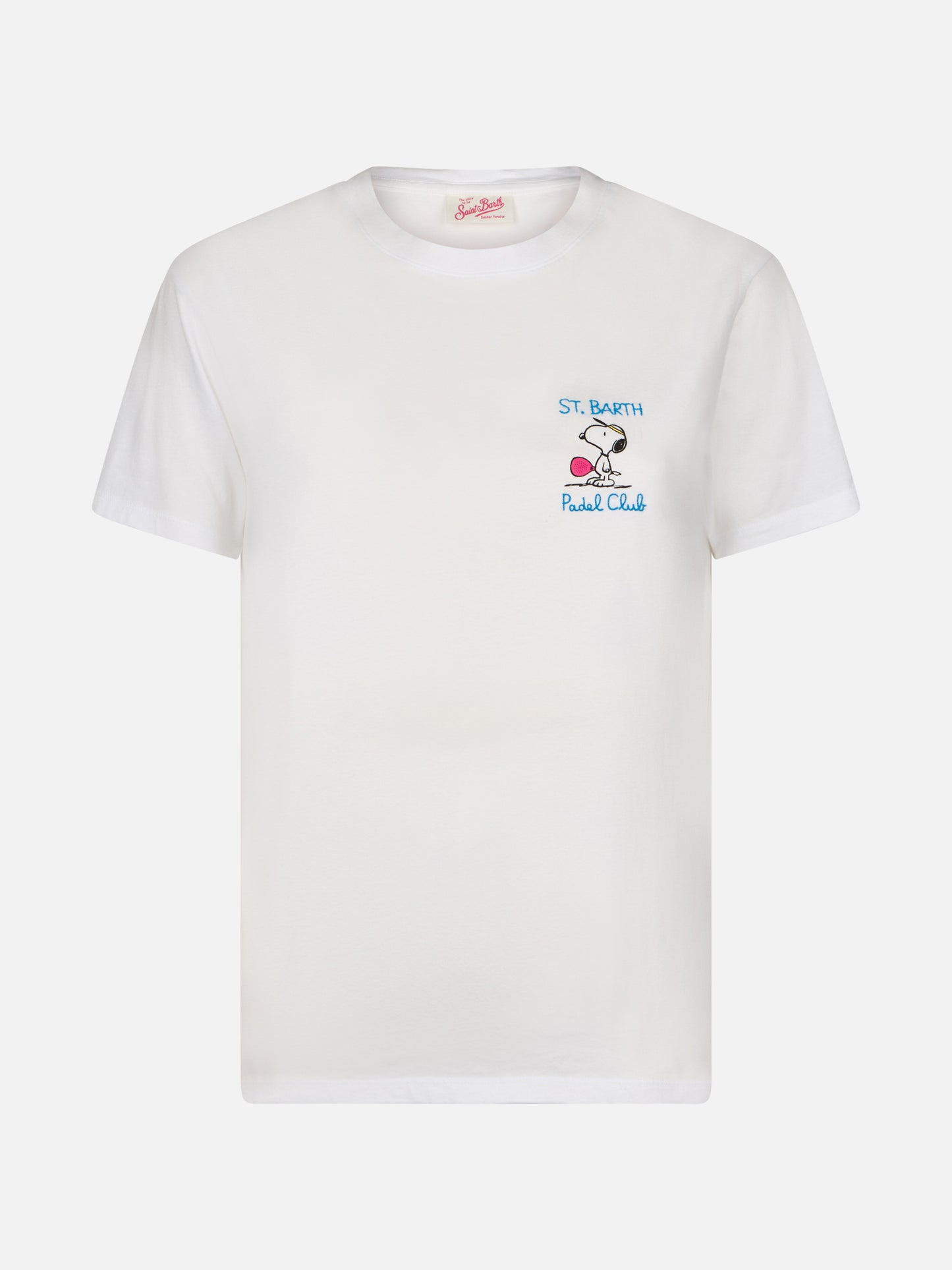 Woman pink cotton jersey crewneck t-shirt Emilie with Snoopy St. Barth Padel Club embroidery | SNOOPY PEANUTS SPECIAL EDITION - MC2 Saint Barth