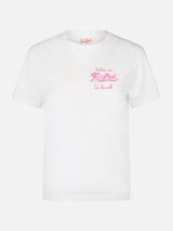 Weißes Rundhals-T-Shirt Emiilie aus Baumwolljersey für Damen mit Stickerei „Relax in St. Barth“ | PINK PANTHER SPECIAL EDITION