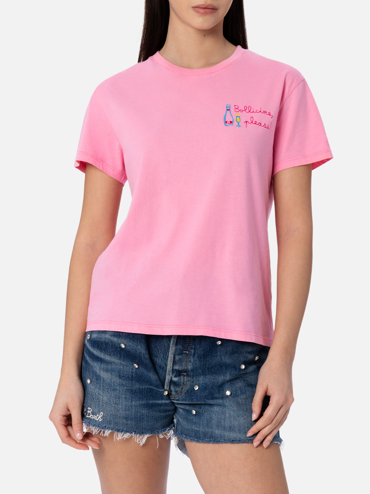 Woman pink cotton jersey crewneck t-shirt Emilie with Bollicine, please embroidery - MC2 Saint Barth