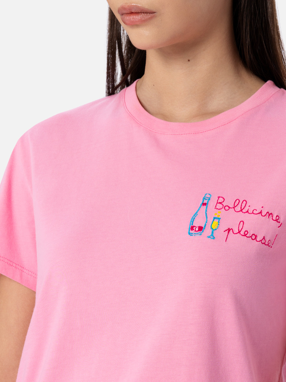 Woman pink cotton jersey crewneck t-shirt Emilie with Bollicine, please embroidery - MC2 Saint Barth