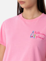 T-shirt girocollo in jersey di cotone rosa da donna Emilie con ricamo Bollicine, please