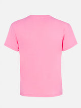 Woman pink cotton jersey crewneck t-shirt Emilie with Bollicine, please embroidery