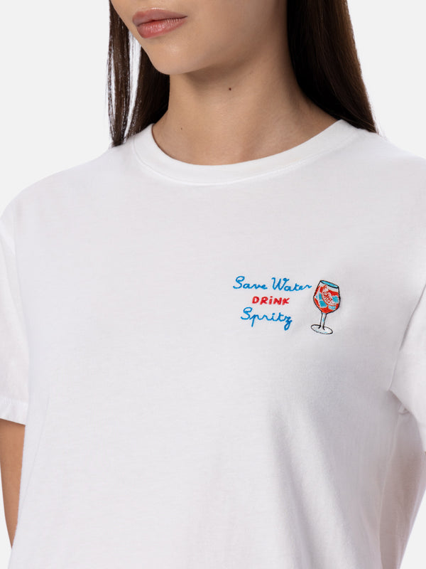 Damen-T-Shirt Emilie aus Baumwolljersey mit Rundhalsausschnitt und „Save water, Drink spritz“-Stickerei