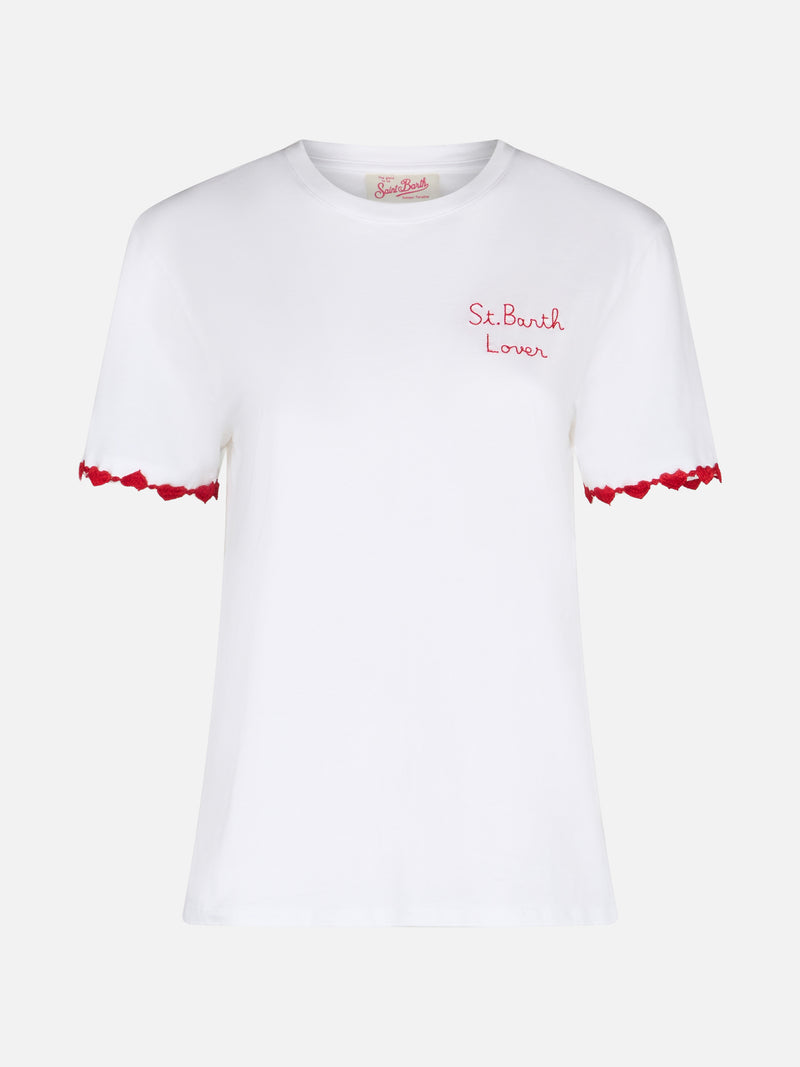 Woman cotton jersey crewneck t-shirt Emilie with St. Barth Lover embroidery