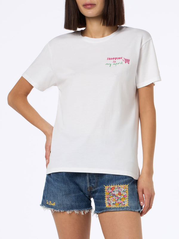 T-shirt da donna girocollo Emilie in jersey di cotone con ricamo Shopping is my Sport