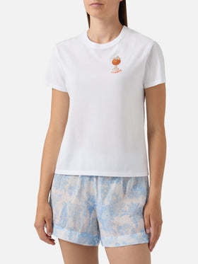 T-shirt Emilie bianca con ricamo cocktail in perline