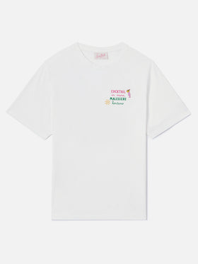 White Emilie T-shirt with Cocktail in mano, malessere lontano charm embroidery