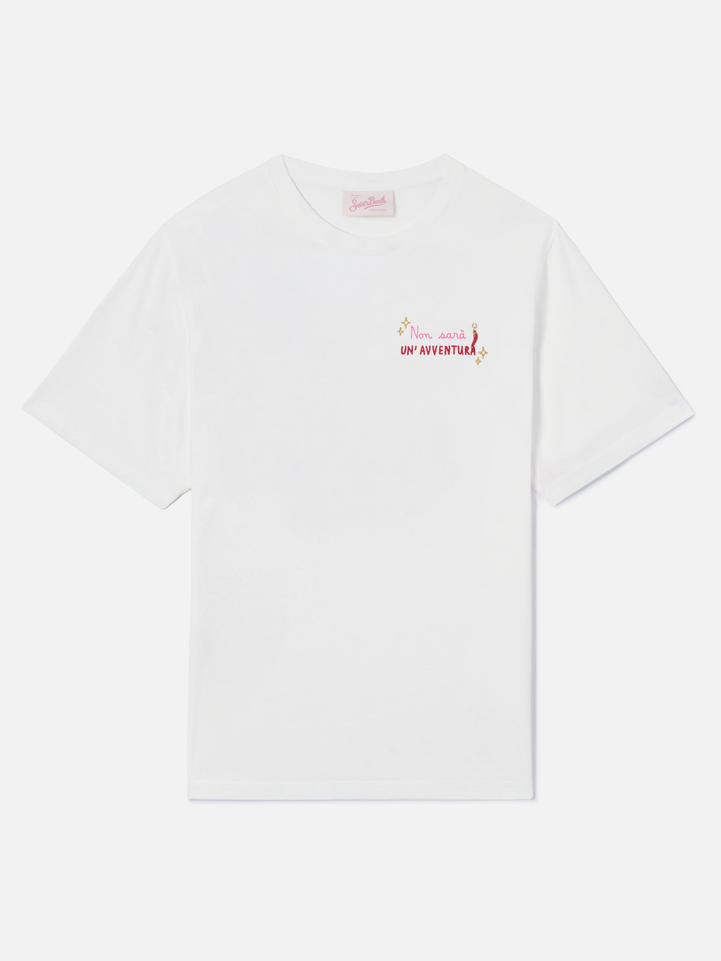 T-shirt Emilie bianca con ricamo Non sarà un'avventura e charm