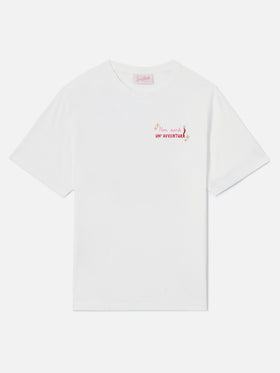 T-shirt Emilie bianca con ricamo Non sarà un'avventura e charm