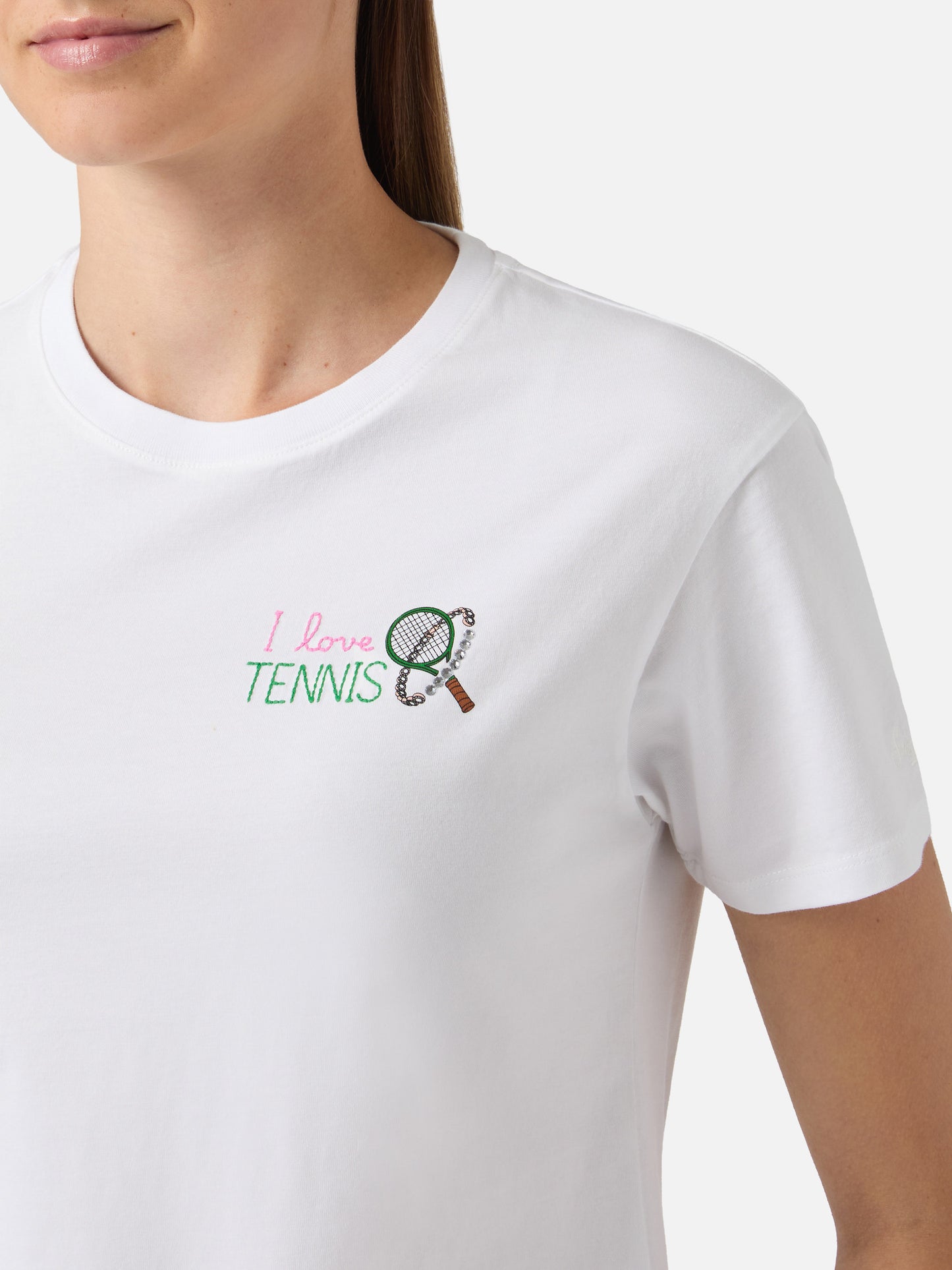 T-shirt Emilie blanc avec broderie I Love Tennis et strass 