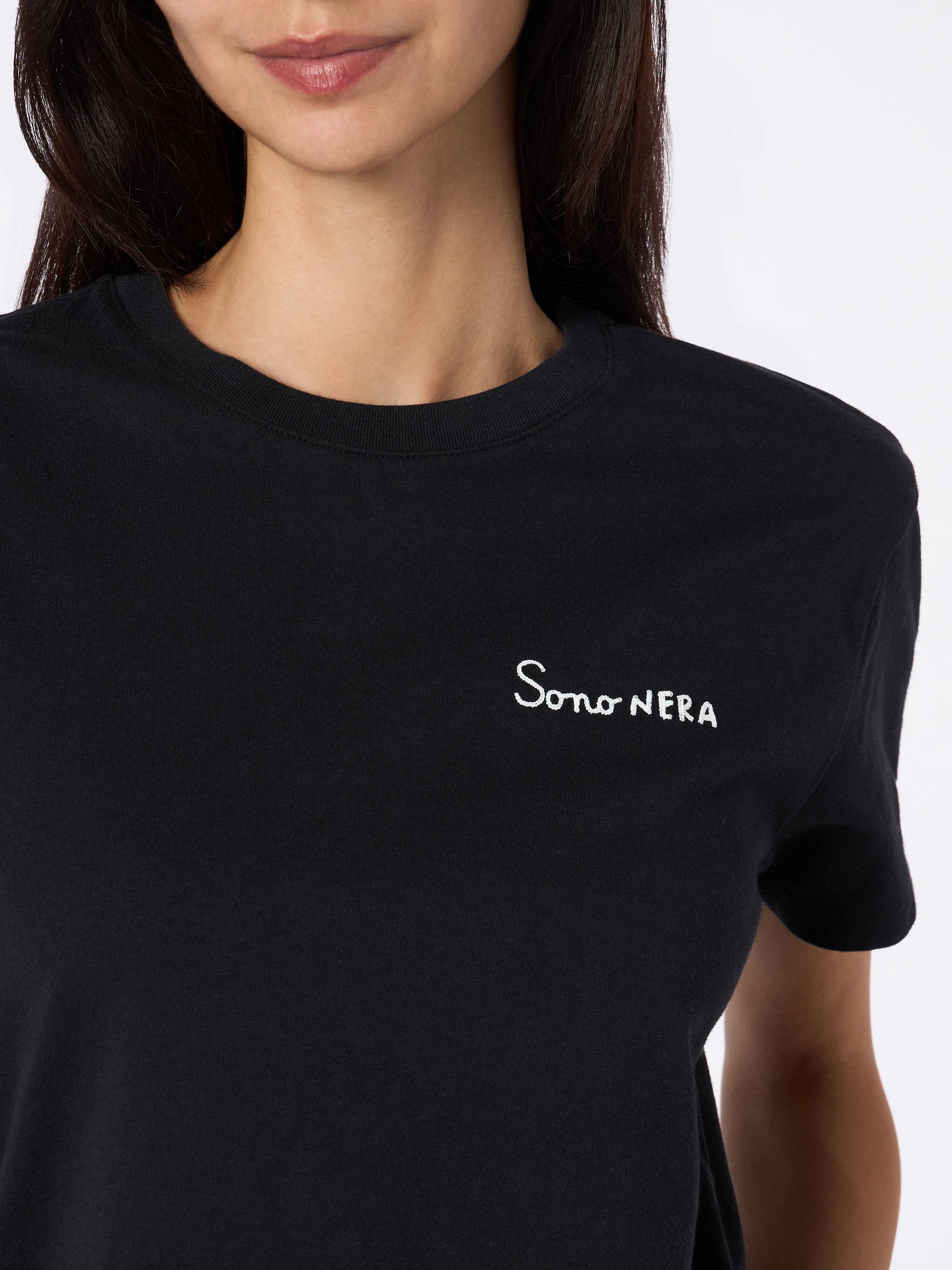 Woman black cotton jersey crewneck t-shirt Emilie with Sono nera embroidery - MC2 Saint Barth