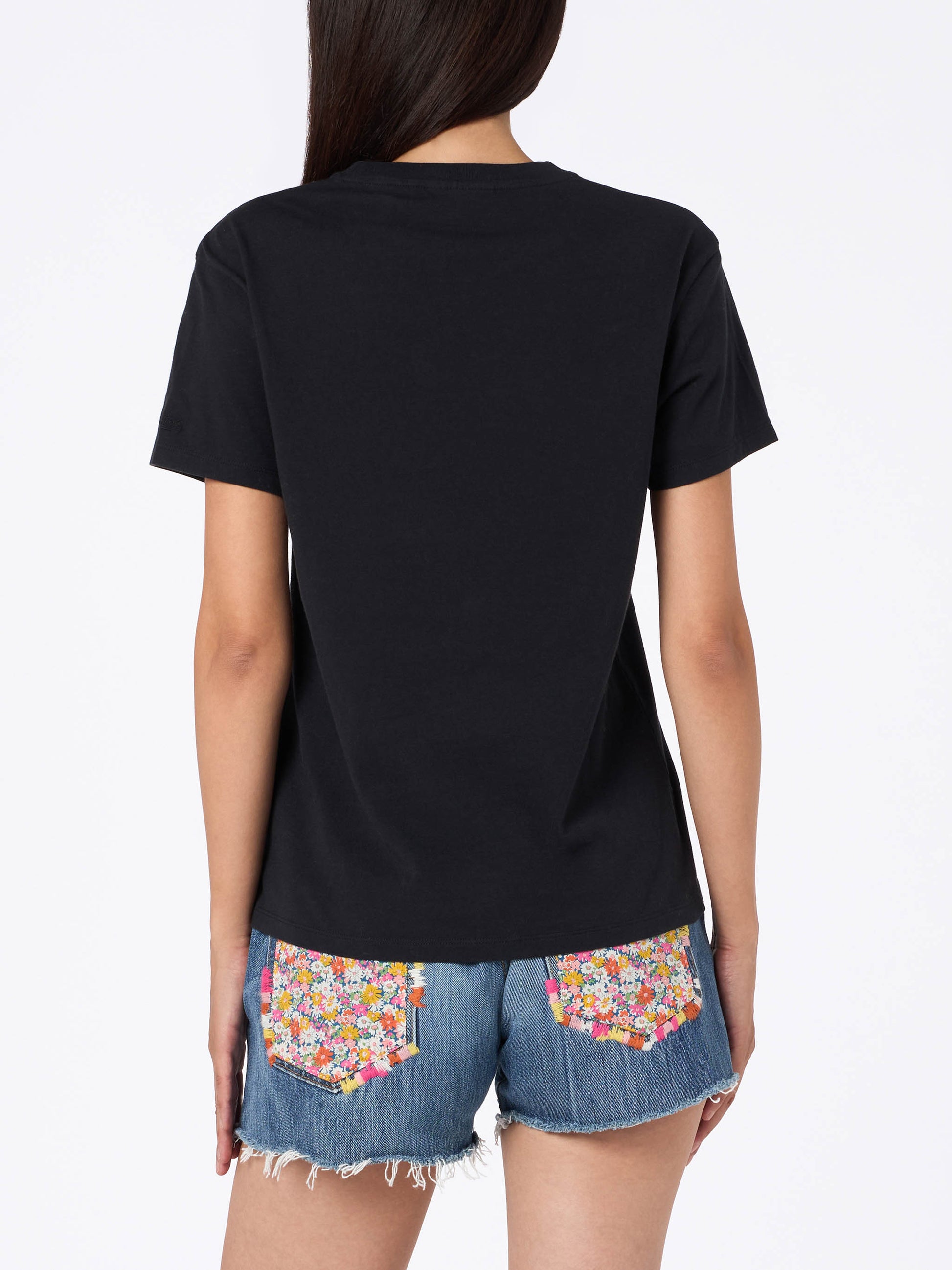 Woman black cotton jersey crewneck t-shirt Emilie with Sono nera embroidery - MC2 Saint Barth